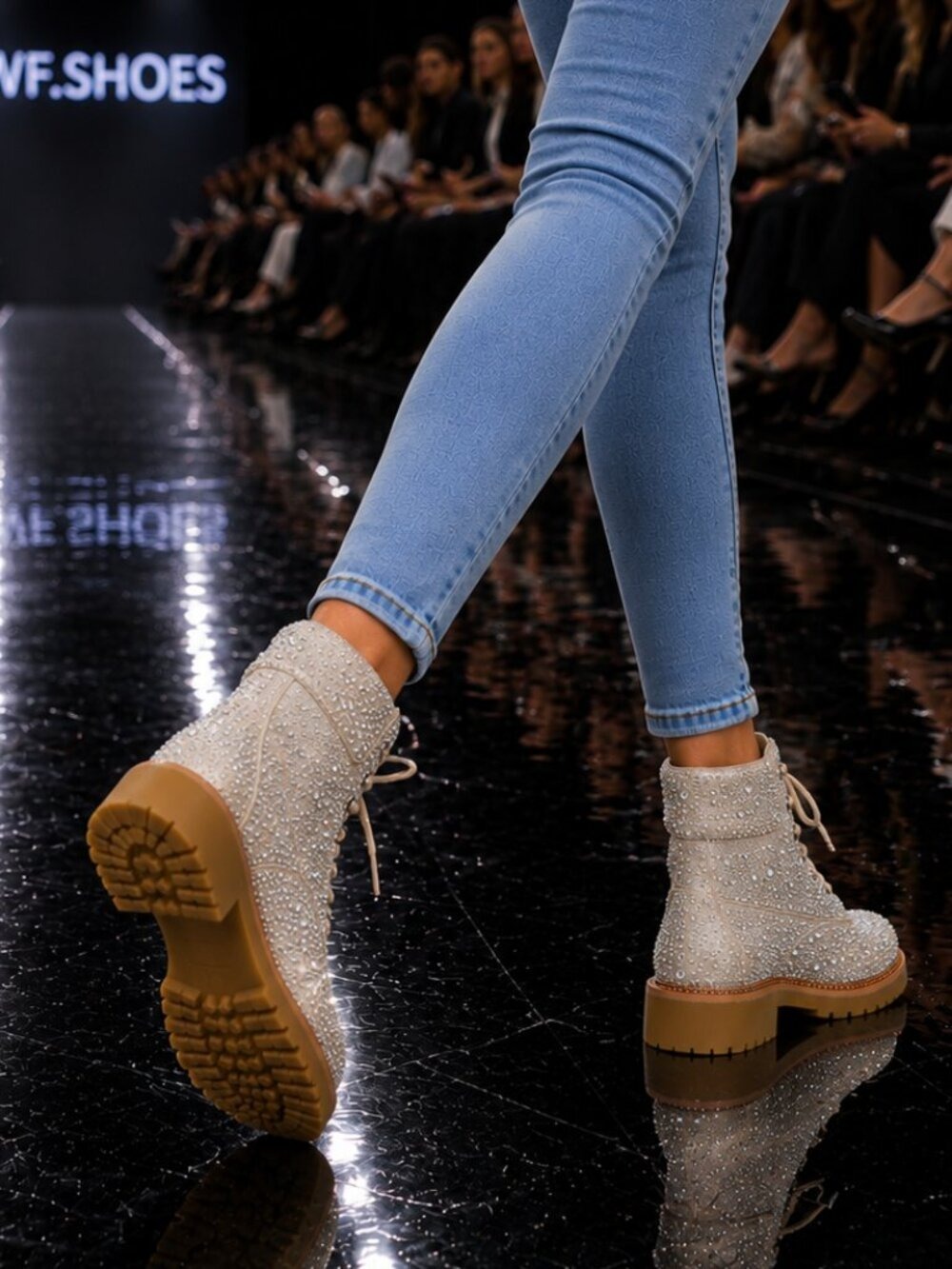 NIB Wonder Sparkling Rhinestone Combat Ankle Boots Metallic Rose Gold Champagne - Picture 4 of 12